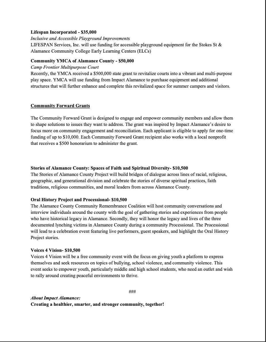 Impact Alamance Invests Over 300,000 into Local Community United Way